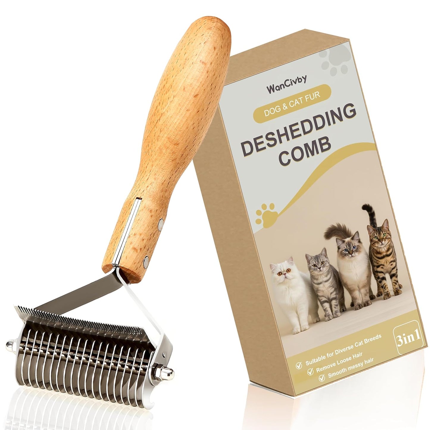 Undercoat Rake Pet Brush with Square Handle, Premium Dematting Comb & Cat Dog Shedding Tool, Efficient Grooming Brush for Detangling Mats & Loose Fur, Ideal for Large Medium Small Dogs and Cats