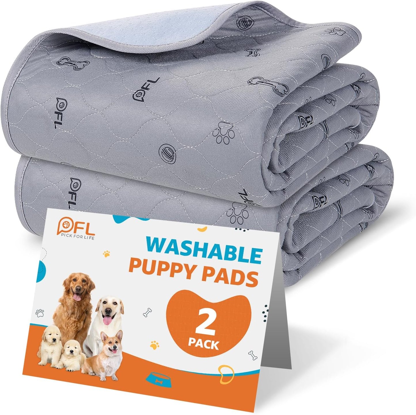 Washable Pee Pads for Dogs, 2Pack Reusable Puppy Pads, Absorbent Whelping Pads with Bone Print, Non-Slip Waterproof Pet Training Pads for Couch, Crate, Potty Training 18x24