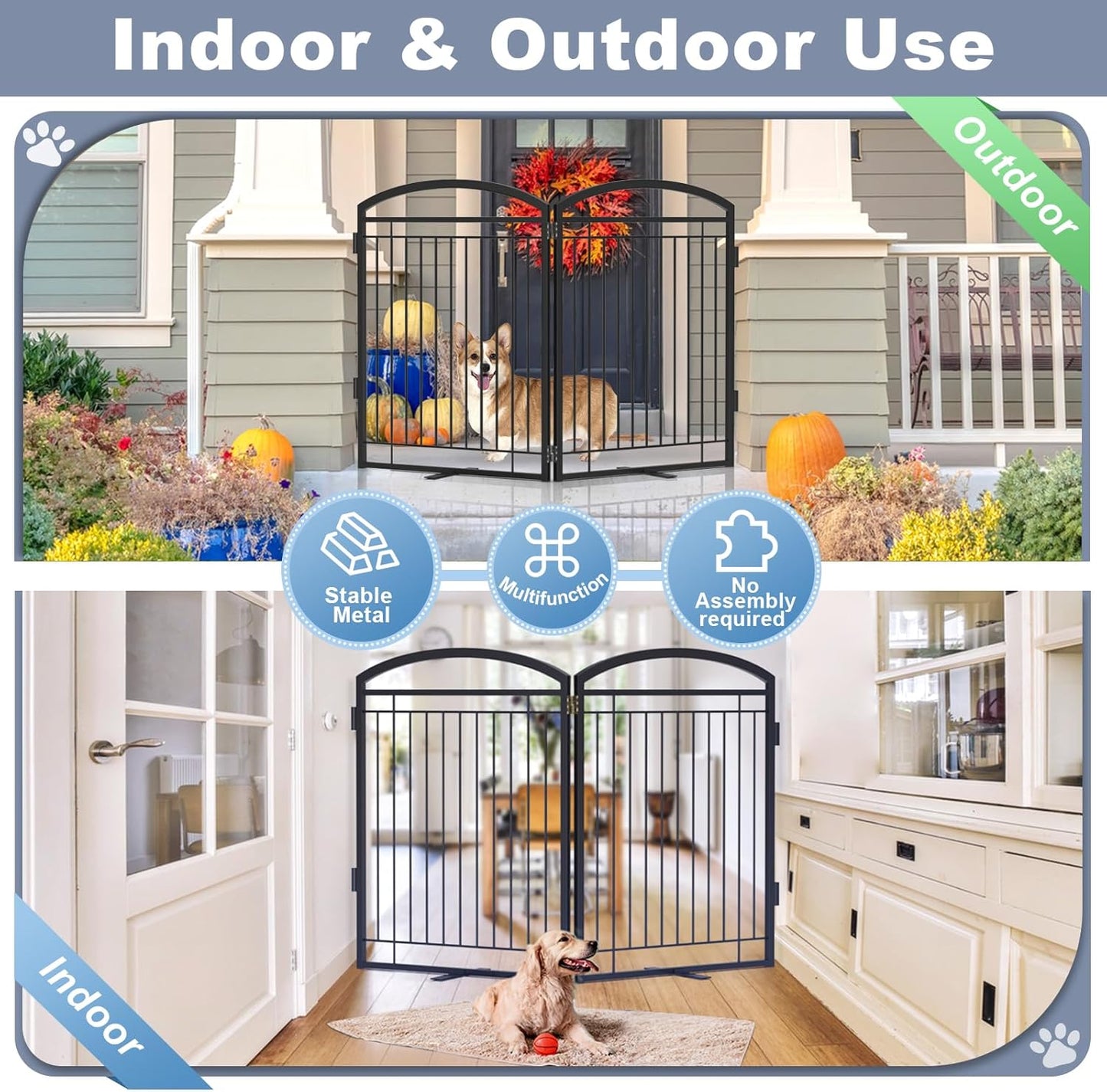 Full Metal Free Standing Dog Gate with Door for Indoor & Outdoor,96'' Extra Wide 32'' Tall Dog Gate for The Doorways,Large Openings,Decks,Porch,Pet Freestanding Safety Fence(4 Panels,Black)