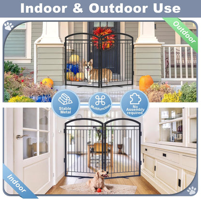 Full Metal Free Standing Dog Gate with Door for Indoor & Outdoor,96'' Extra Wide 32'' Tall Dog Gate for The Doorways,Large Openings,Decks,Porch,Pet Freestanding Safety Fence(4 Panels,Black)