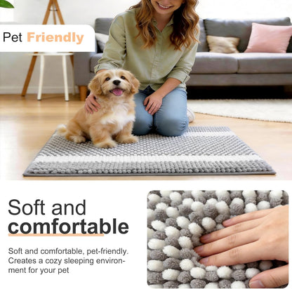 pobopobo Dog Door Mat for Muddy Paws - Absorbent & Washable Chenille Rug, Non-Slip Dirt Trapper for Indoor Outdoor Entryway, Quick Dry Pet Mat for Muddy Dogs (Striped Gray-Blue&White, 24" x 16")