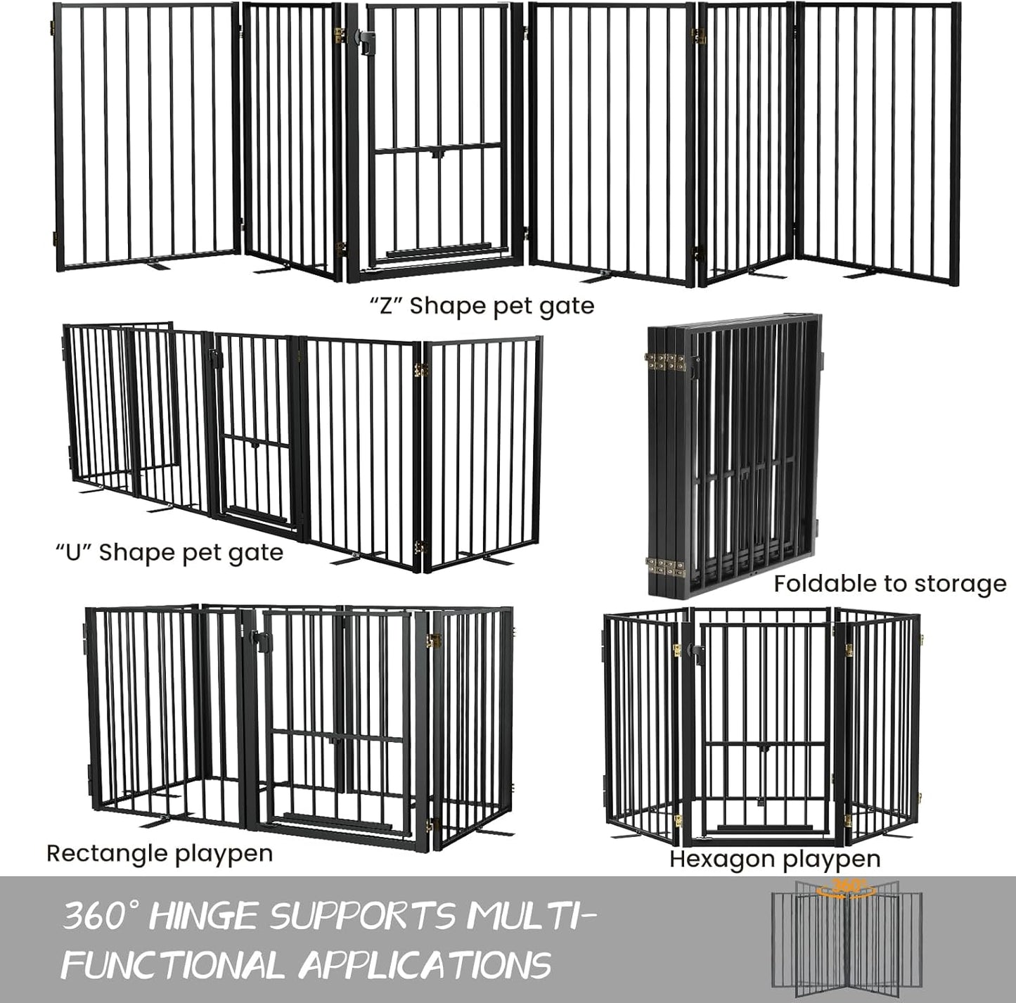 Metal Freestanding Dog Gate with Cat Door for Outdoor Indoor,80" Extra Wide Foldable Pet Fence,30" Tall Dog Gate for Large Opening,Stairs,Hallways,Doorways,Deck,Yard,with 3PCS Support(4 Panels,Black)