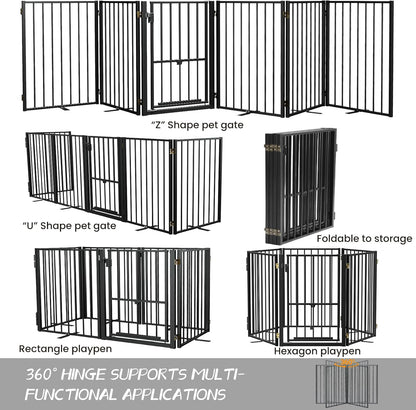 Metal Freestanding Dog Gate with Cat Door for Outdoor Indoor,80" Extra Wide Foldable Pet Fence,30" Tall Dog Gate for Large Opening,Stairs,Hallways,Doorways,Deck,Yard,with 3PCS Support(4 Panels,Black)