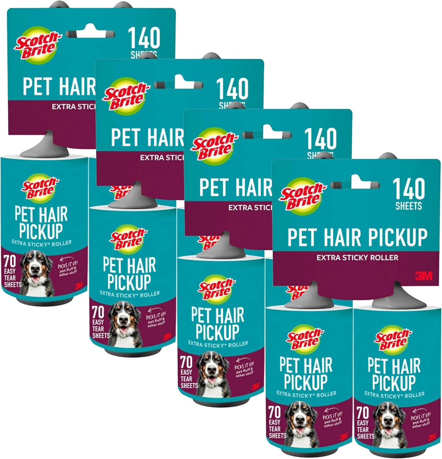 Scotch-Brite Pet Hair Pickup Extra Sticky Lint Roller, Designed for Removing Fur + Fluff on Couches, Clothes, Dog and Cat Beds, & More, 2 Pack, 140 Easy - Tear Adhesive Sheets Total