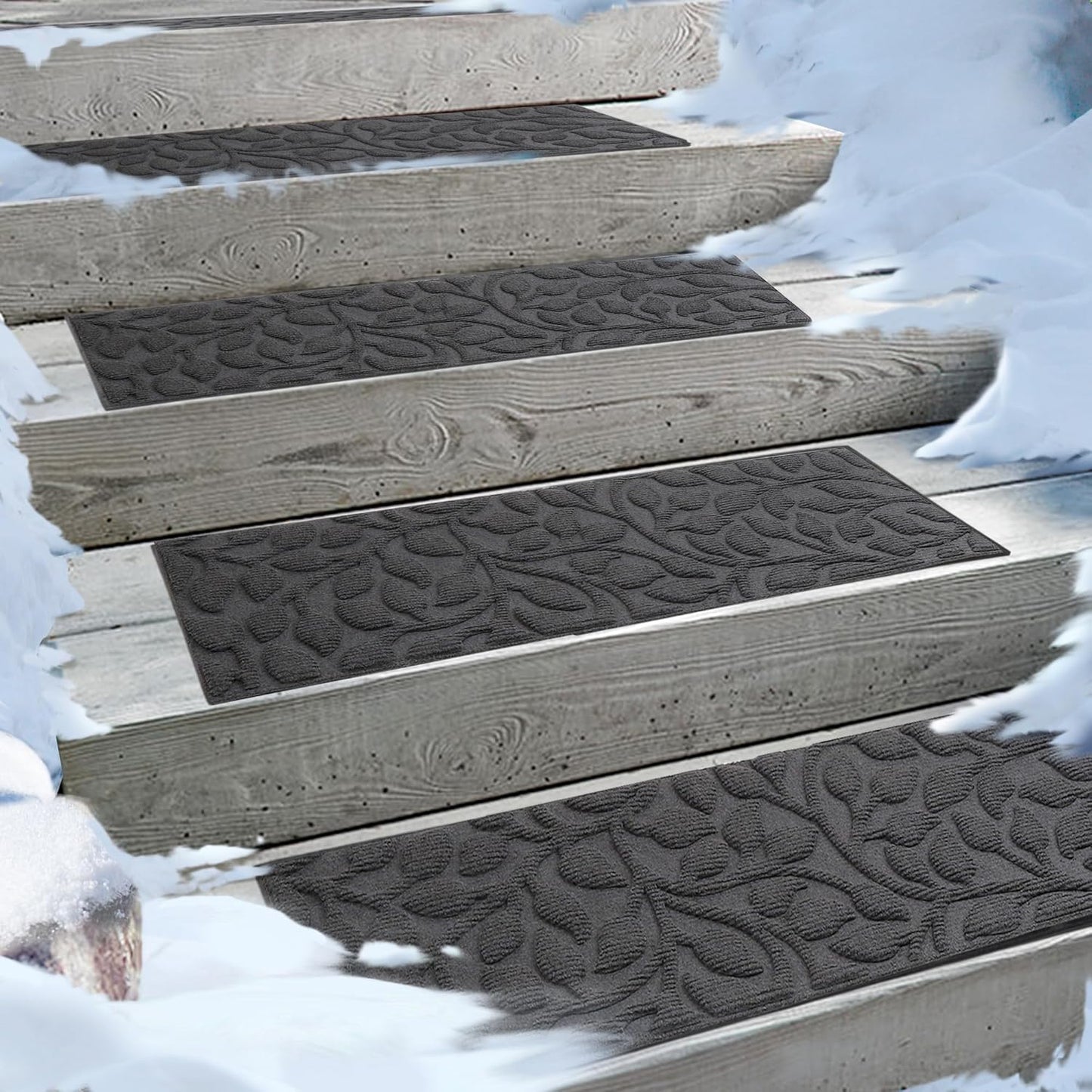 Aucuda Stair Treads Outdoor for Elders and Dogs on Wooden Steps, 30" x 8.5" (2pcs )Non Slip Stair Runner Rug Heat Insulation Rubber Backing, Gray Floral Staircase Mat Carpet for Indoor Grip Farmhouse.