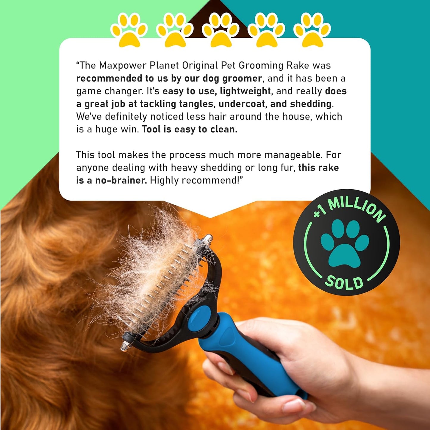 Maxpower Planet Hair Brush - Double Sided Shedding, Dematting Undercoat Rake for Dogs and Cats - Extra Wide Dog Grooming Brush, Reduce Shedding by 95%, Turquoise
