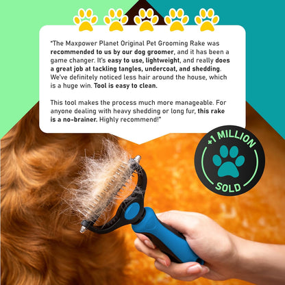 Maxpower Planet Hair Brush - Double Sided Shedding, Dematting Undercoat Rake for Dogs and Cats - Extra Wide Dog Grooming Brush, Reduce Shedding by 95%, Turquoise