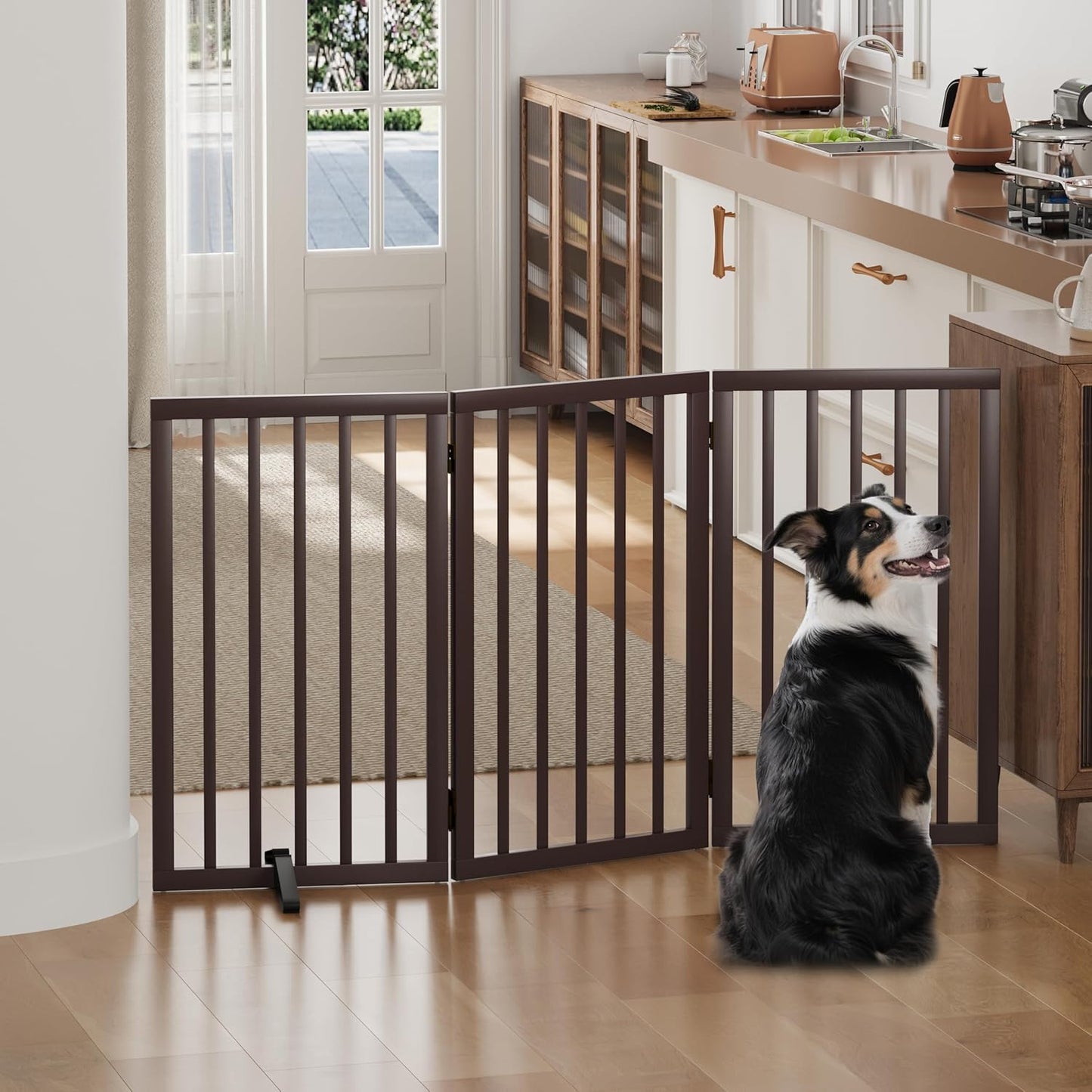 Freestanding Foldable Dog Gate - 4 Panel Room Divider with Metal Support Feet (Black)
