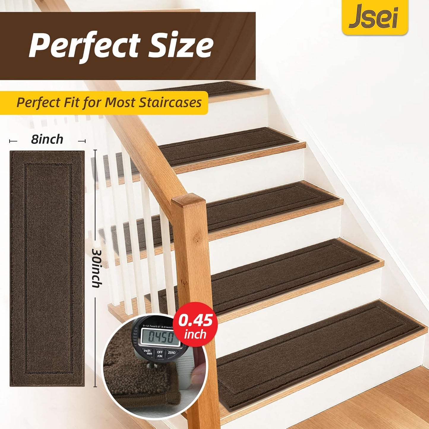 Non-Slip Stair Treads for Wooden Steps Indoor, 15 Pack 8" X 30" Edging Stair Rugs with TPE Backing, Carpet Stair Treads for Kids Elders & Pets, 100% Polyester Soft Stair Runners, Brown