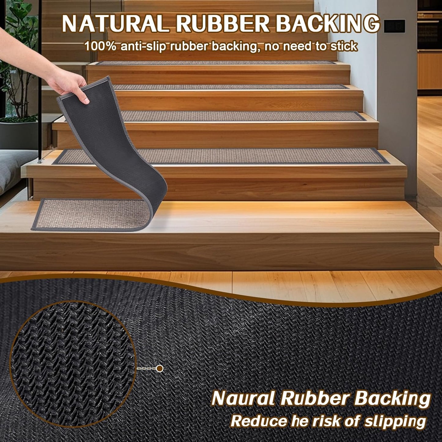 Stair Treads Non Slip, Rubber Backing Stair Treads for Wooden Steps, 15 PCS Thicken Linen Carpet Stair Runners Indoor for Kids Elders and Pets, No Residue Stair Carpet Treads, 8"x30", Beige