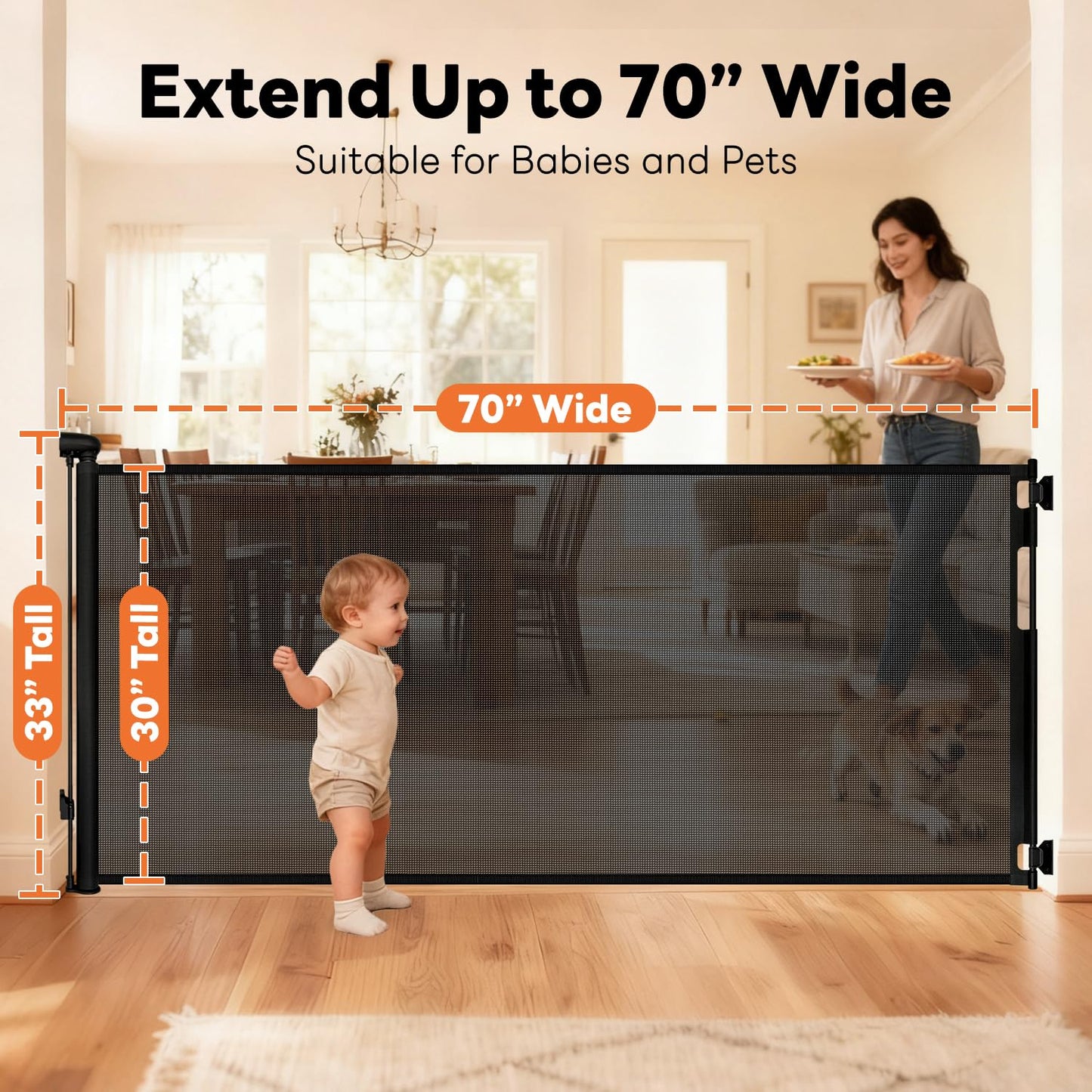 Retractable Baby Gate for Stairs and Doorways, 55" Wide x 33" Tall Mesh Dog Gate for Indoor & Outdoor Use, Safety Gate for Babies and Pets, Child Gates for Hallways, Hardware Mounted, Black