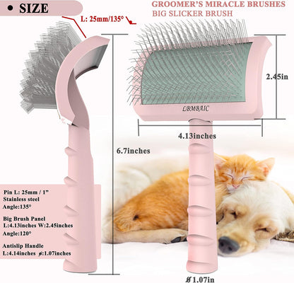 Slicker Brush for Poodles and Goldendoodles - Curved Brush for Thick, Fluffy, Shedding Fur on Dogs and Cats - Soft, Gentle Pins for Grooming (Blue)