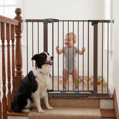 Mumeasy 29.7-46" Baby Gate for Stairs, Pressure Mounted Dog Gate for Doorways, Auto Close Walk Through Pet Gate Indoor, Extra Wide Metal Child Safety Gate, Mom's Choice Awards Winner, Black