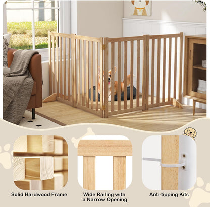 36" Height Extra Tall Freestanding Pet Gate, Solid Wood Folding Safety Fence Wooden Dog Gate with 2 PCs Support Feet Ideal for Stairs, Doorways, Halls, Kitchens, Heavy Duty Gates, 3 Panels, Oak
