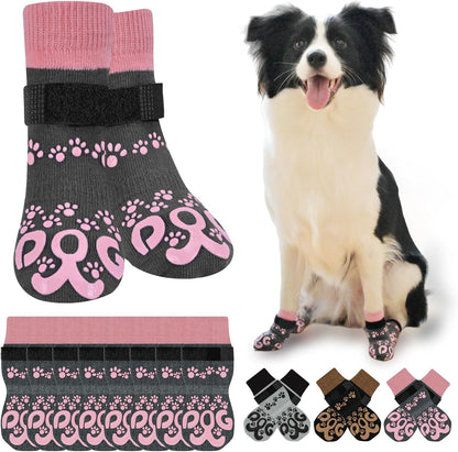 Anti Slip Dog Socks to Prevent Licking Paws - Double Side Paw Covers Dogs Grip Sock for Hardwood Floors, No Twist Dog Booties Grippy Socks for Small Medium Large Senior Dogs, Light Grey and Black, L