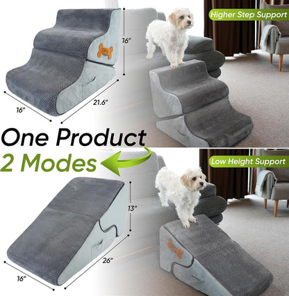Dog Stairs for Bed & Couch – BuddyRamp 2-in-1 Foldable Dog Stairs and Ramp, 3-Step Pet Stairs Converts to Gentle Ramp, Non-Slip Soft Foam Steps for Small Dogs & Senior Pets