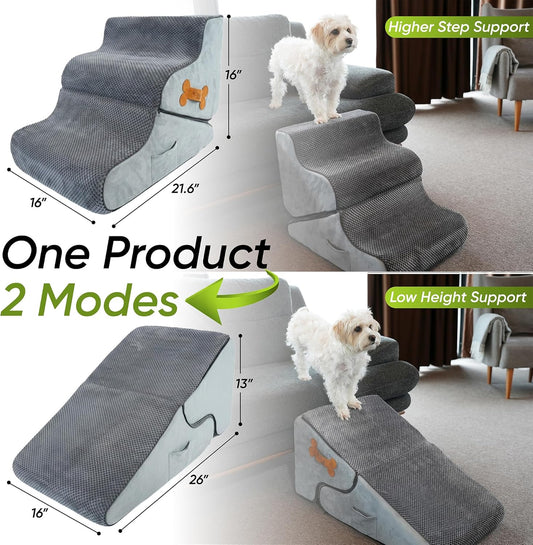 Dog Stairs for Bed & Couch – BuddyRamp 2-in-1 Foldable Dog Stairs and Ramp, 3-Step Pet Stairs Converts to Gentle Ramp, Non-Slip Soft Foam Steps for Small Dogs & Senior Pets