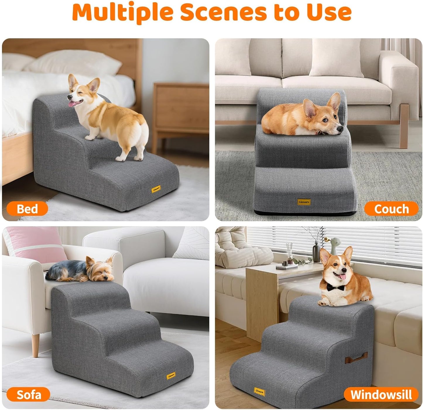 Gimars Upgraded 55CM Long Wide Steps 2 Step Dog Stairs for Small, Medium & Senior Dogs, 30CM High Ramp with 33D High-Density Foam, Linen Cover, Non-Slip Base, Supports 30KG, for Bed & Sofa