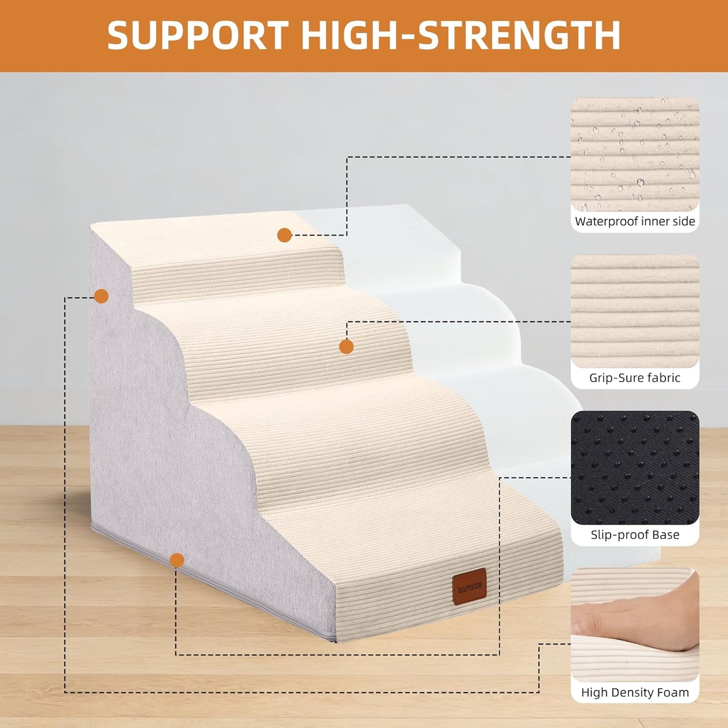 Dog Stairs for Small Dogs and Cats, 15.7" H, 3-Step Curved Pet Ramp for Couch Sofa and Chair, Non-Slip Medium Pet Steps with High Density Foam, Beige