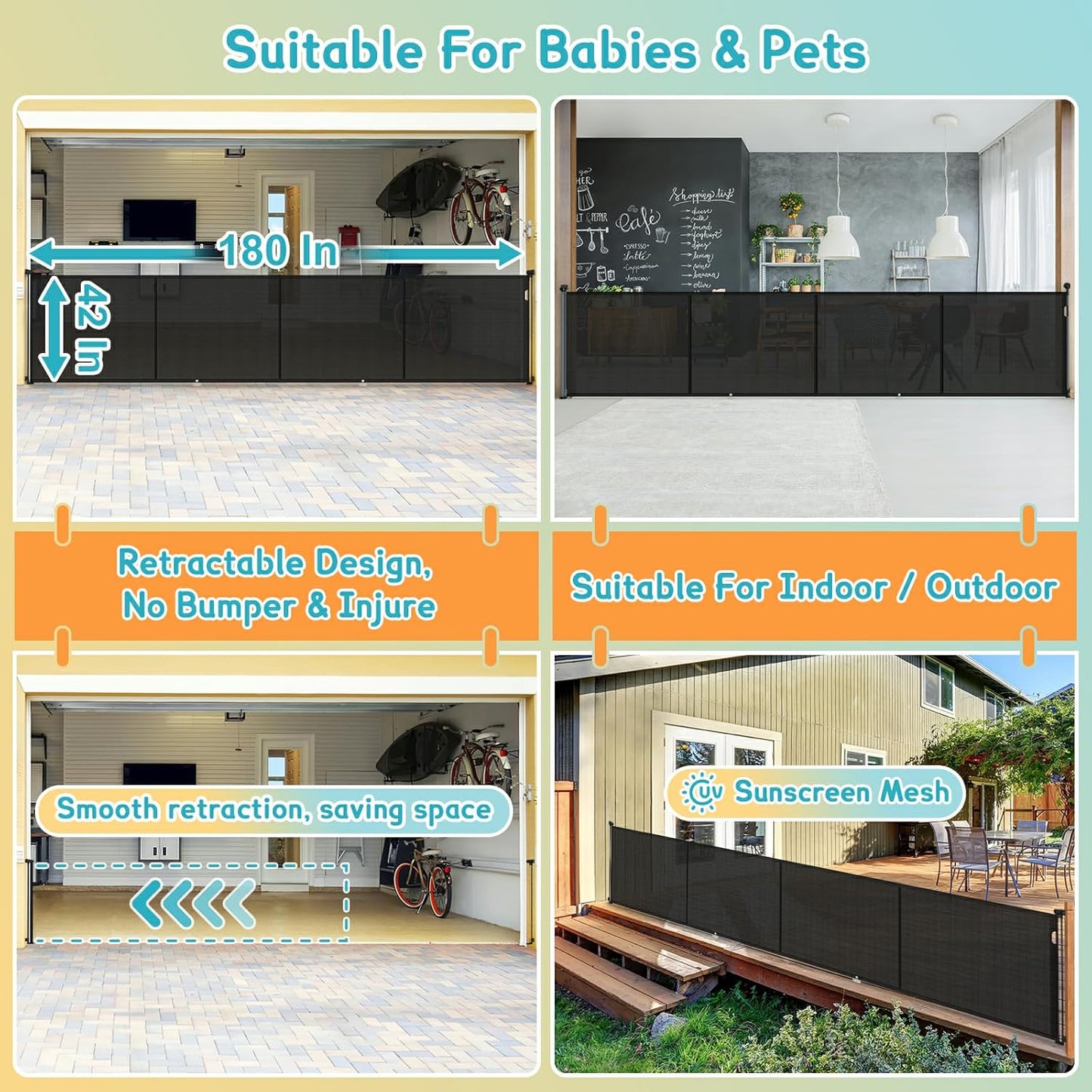 160 Inch Retractable Baby Gates Extra Wide, 42 Inch Extra Tall Retractable Gate, 13 FT Reinforced Retractable Dog Gate with Reinforcement Rod to Prevent Crawling Through, for Doorways, Stairs, Hallway