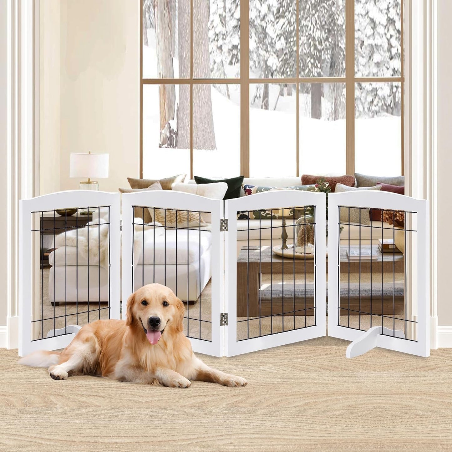 LZRS 2-Panel Freestanding Foldable Wood Dog Gate – Solid Wood & Steel Wire, Chew-Resistant Pet Barrier for Indoor Use, Ideal for Small to Medium Dogs, White