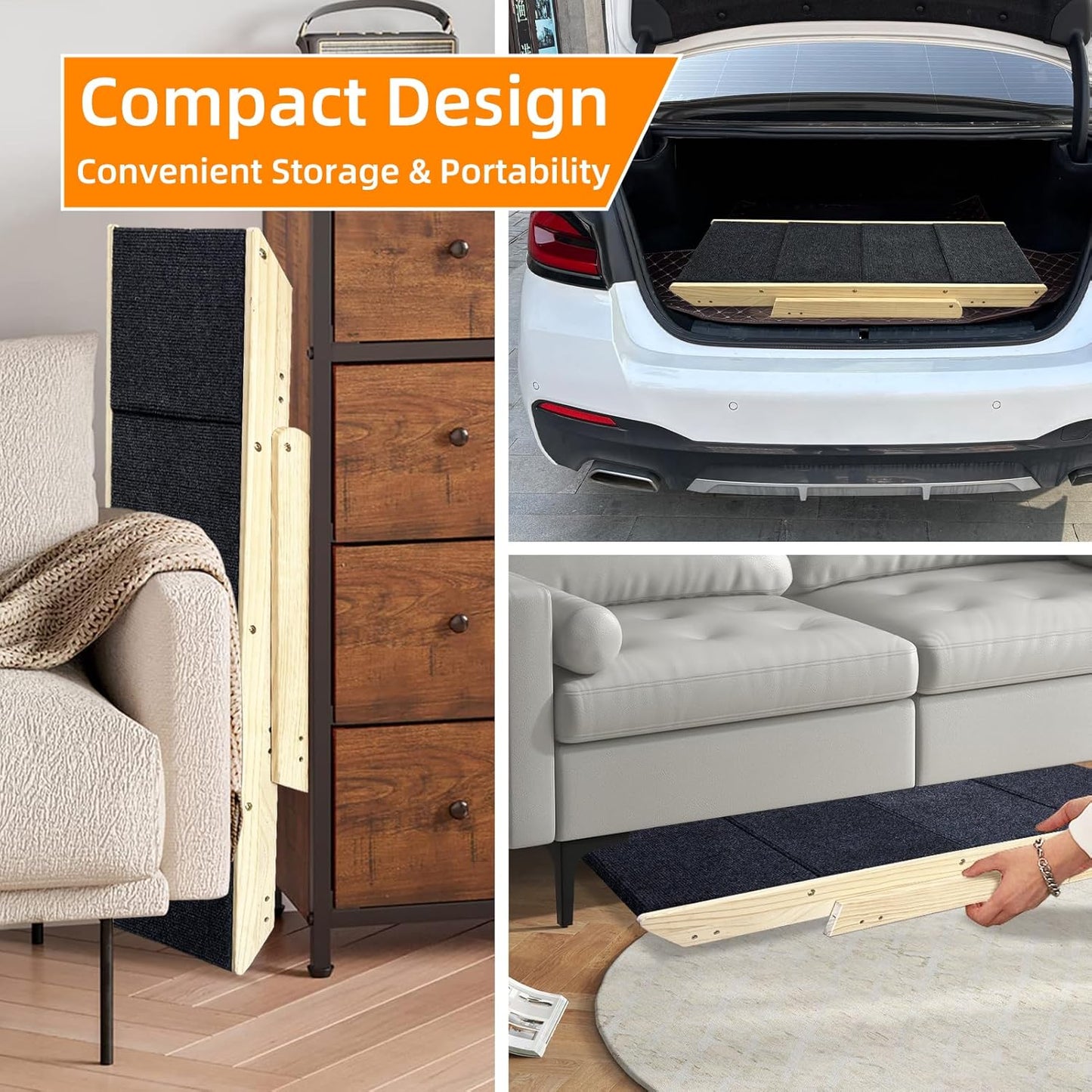 Dog Stairs/Ramp for Bed, Wooden 2-in-1 Foldable Pet Stairs & Ramp, Portable Dog Ladder Up to 180 Pound for Elderly/Short-Legged Dogs, 4 Steps for Beds, Couch, Cars