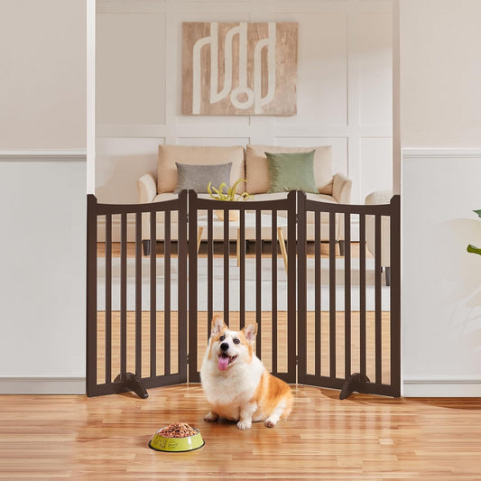Topeakmart Dog Fence Indoor 36" Tall 3-Panels Wooden Foldable Dog Gate for Pets with 2 Support Feet Freestanding Pet Barrier for Doorways, Porch, Stairs, Kitchen Espresso 60" L × 36" H