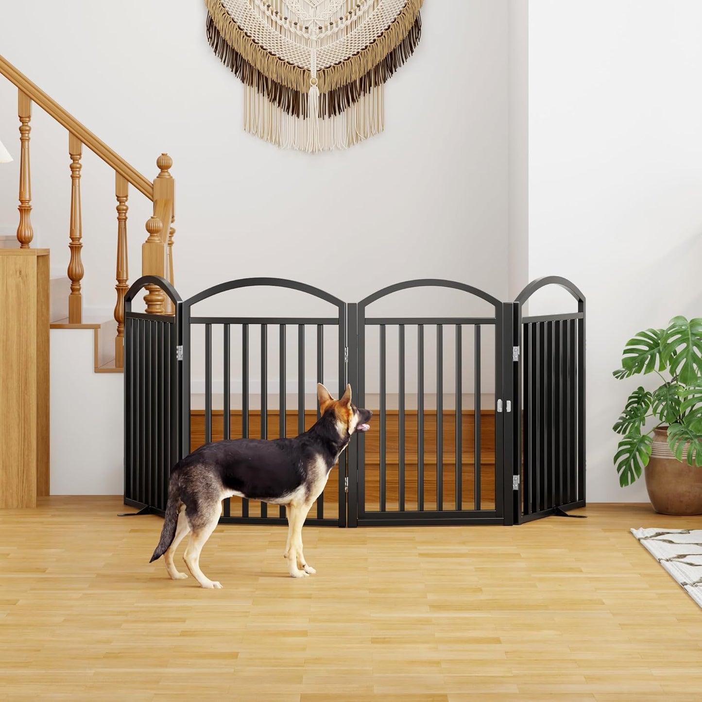 Folding No-Assembly Freestanding Dog Gate with Door,32" Heights Foldable Pet Fence,144" Extra Wide Accordion Puppy Folding Playpen for Doorways,House,Stairs (6 Panels,White)