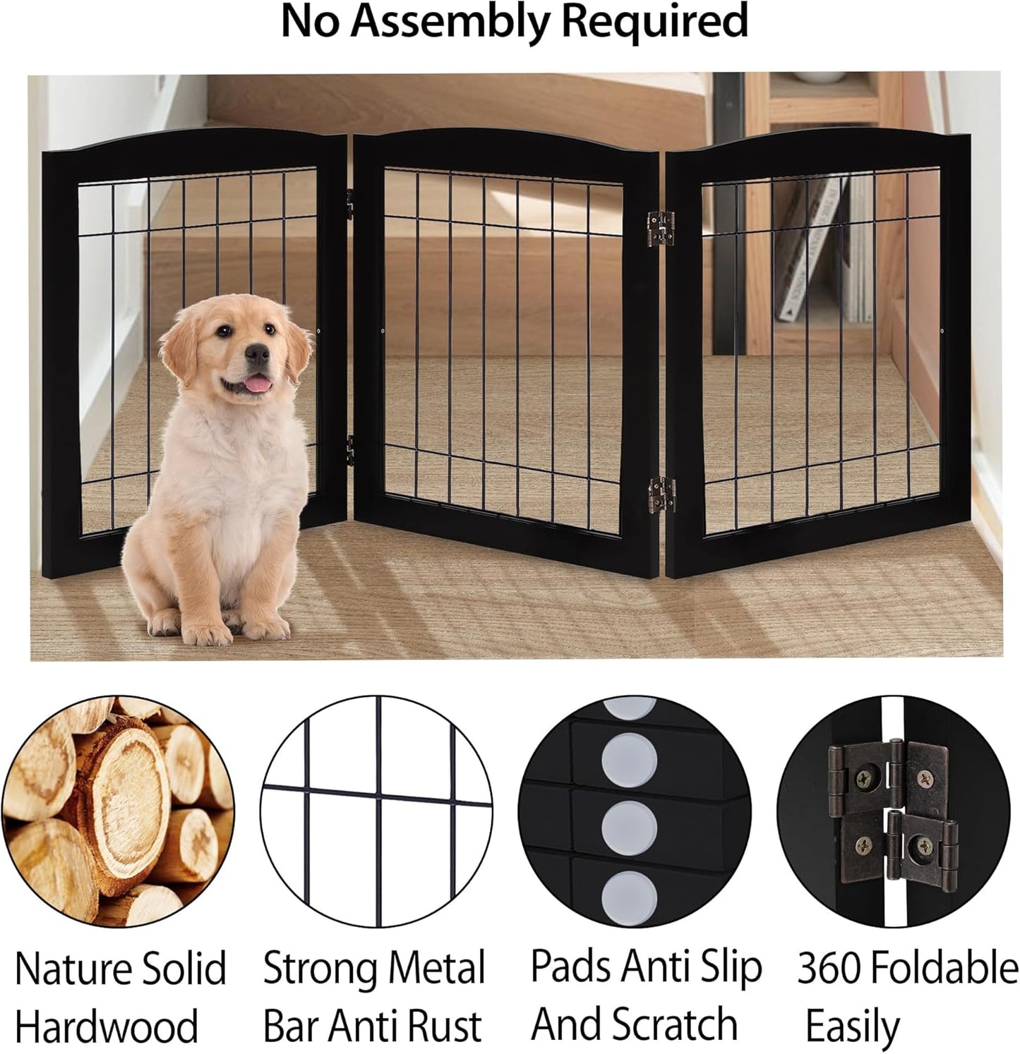 LZRS 2-Panel Freestanding Foldable Wood Dog Gate – Solid Wood & Steel Wire, Chew-Resistant Pet Barrier for Indoor Use, Ideal for Small to Medium Dogs, White