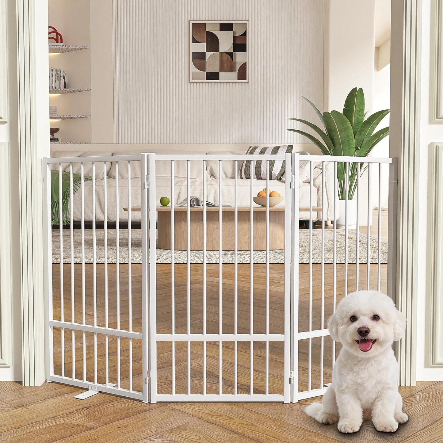 SNUOWU Full Metal Freestanding Dog Gate with Door, 32''Height Foldable Pet Dog Fence for Indoor & Outdoor, 4 Panels Extra Wide Free Standing TallDog Gates for Doorways,House,Stairs,Porch,Deck,Yard