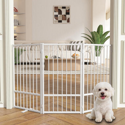 SNUOWU Full Metal Freestanding Dog Gate with Door, 32''Height Foldable Pet Dog Fence for Indoor & Outdoor, 4 Panels Extra Wide Free Standing TallDog Gates for Doorways,House,Stairs,Porch,Deck,Yard