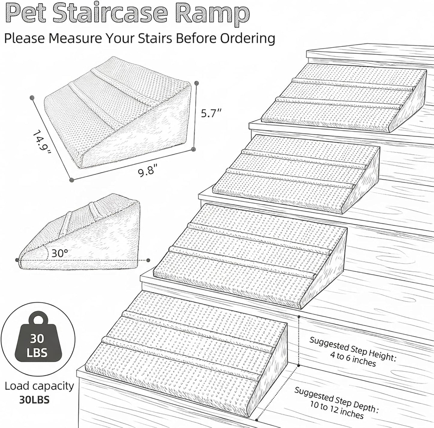 Dog Ramp for Stairs - Dog Steps-Anti-Slip Foam Stair Wedges for Small & Senior Dogs,Gentle Slope Pet Steps with Washable Corduroy Cover, Self-Sticky Pads for Safe Climbing (Gray,2-Pack)