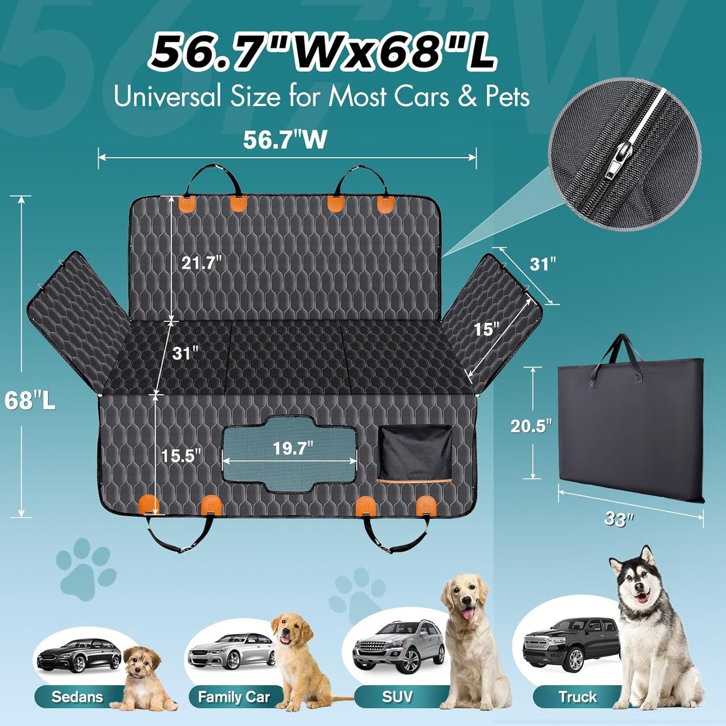 Chumajor Back Seat Extender for Dogs-Supports 400lb,Waterproof Dog Car Seat Cover Hard Bottom-Detachable,600D Heavy Duty Scratch Proof Nonslip Soft,Dog Hammock for Car,SUVs