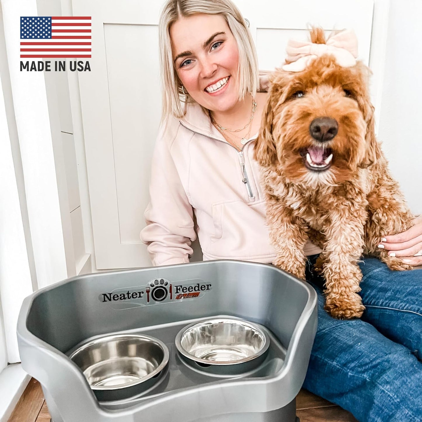 Neater Pet Brands Neater Feeder Deluxe Mess Proof Dog Bowls Elevated for Large Dogs Over 40 lbs, Made in USA, No Spill Raised Dog Food Bowl Stand Feeding Station, Food and Water Bowl Set, Black