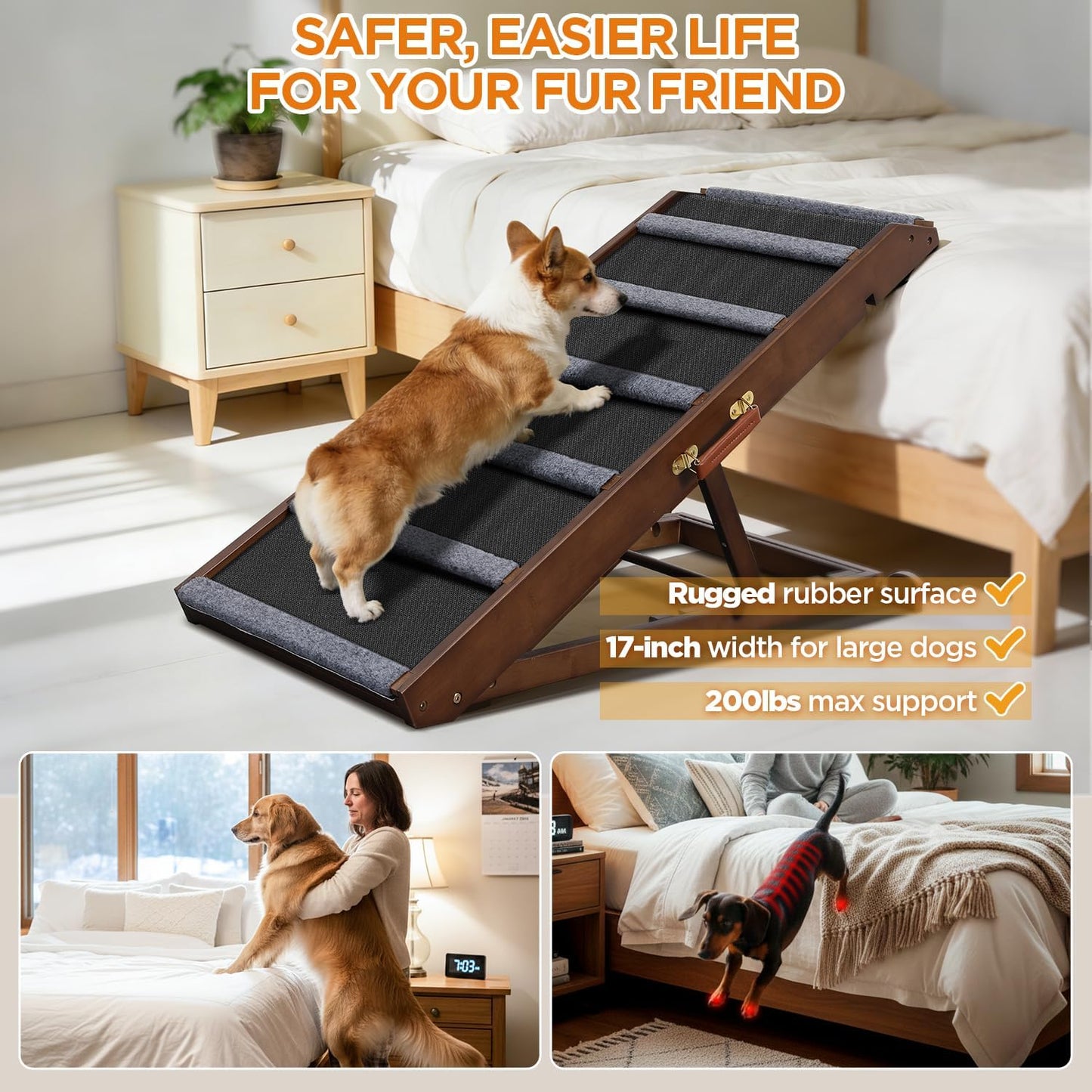 Dog Ramp for Bed - Extra Wide 17’’, Non-Slip Rubber Surface Excellent Traction, Pet Ramp for Small Large Dogs to Get on High Couch Car, Hold up to 200lb, Adjustable, Foldable