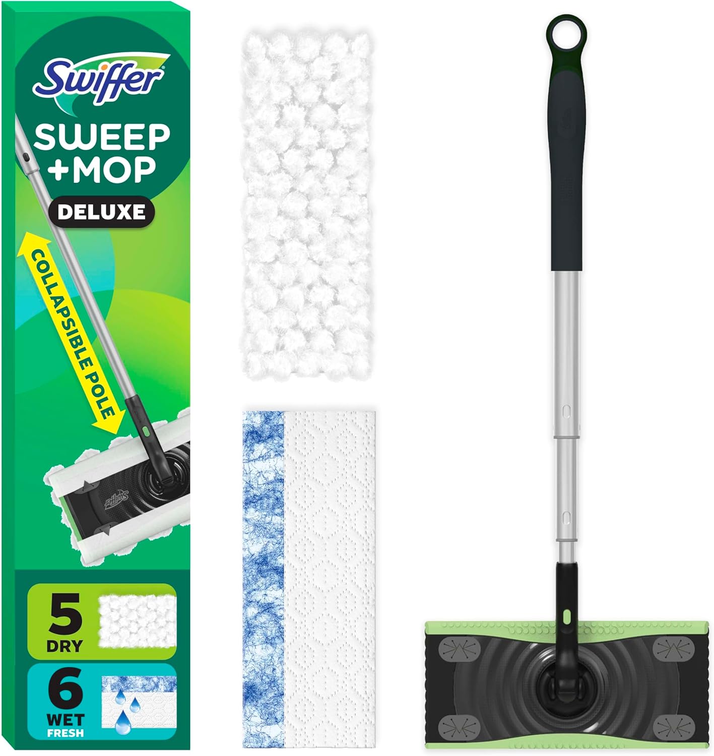 Swiffer Hair Magnet Deluxe Starter Kit with Collapsible Pole, 9 Hair Magnet Dry Cloths, 2 Bonus Mop & Go Wet Cloths