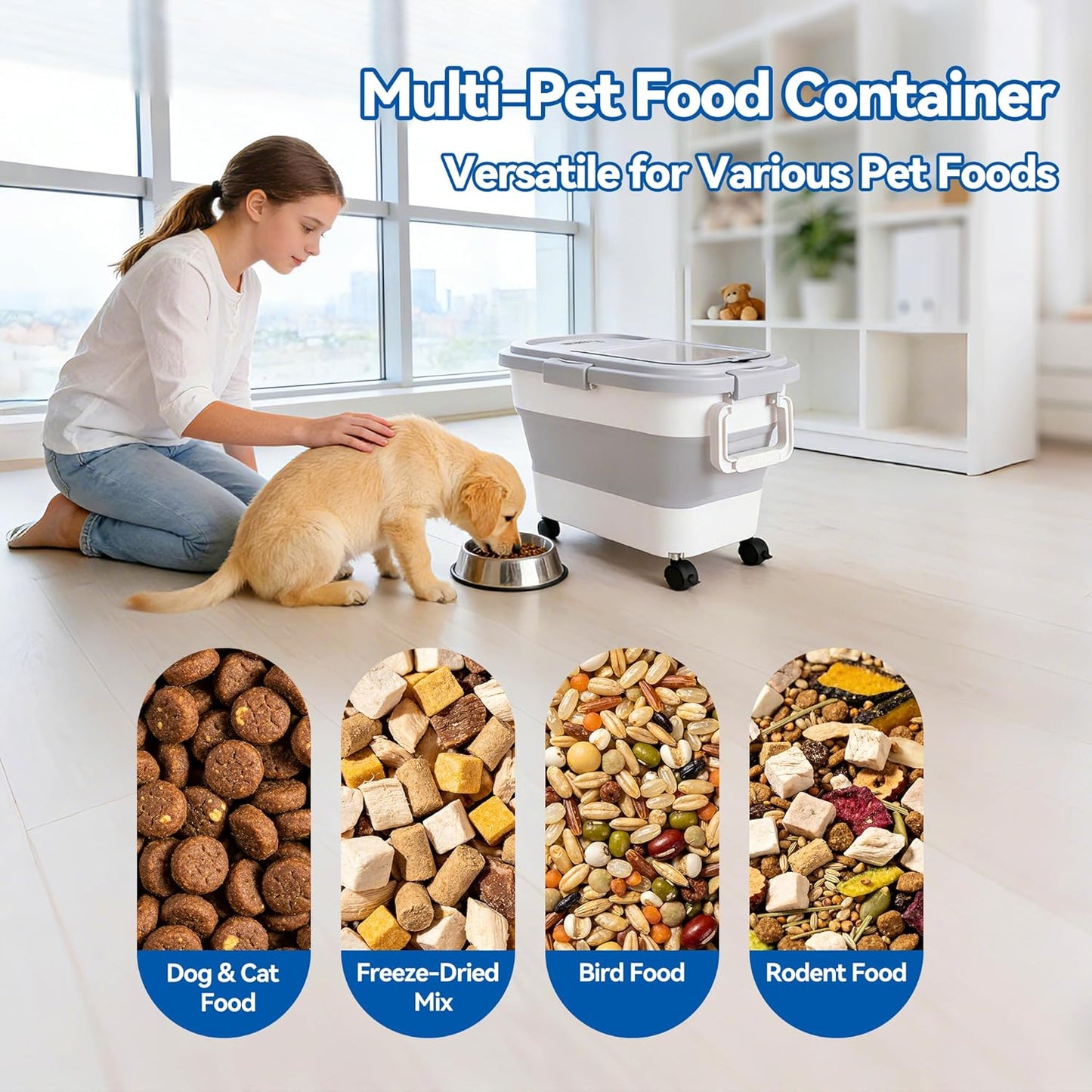 Dog Food Storage Container 30-40lbs, Airtight Pet Food Bin with Locking Lid & Clear Window, Collapsible Rolling Storage Container with Wheels & Scoop, Gray