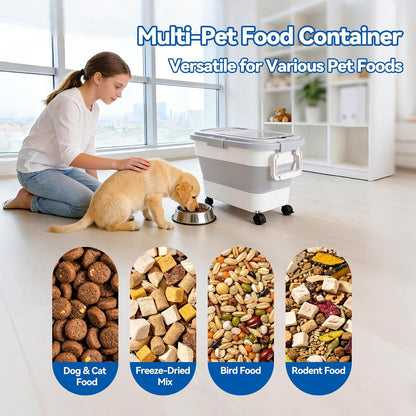 Dog Food Storage Container 30-40lbs, Airtight Pet Food Bin with Locking Lid & Clear Window, Collapsible Rolling Storage Container with Wheels & Scoop, Gray