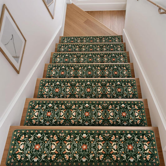 OJIA Floral Stair Treads Non-Slip Stair Runner for Wooden Steps Indoor 15PCS 30"x8" Carpet Stair Treads Stair Mats Staircase Step Treads for Kids, Elders and Dogs, Stair Covers, Black