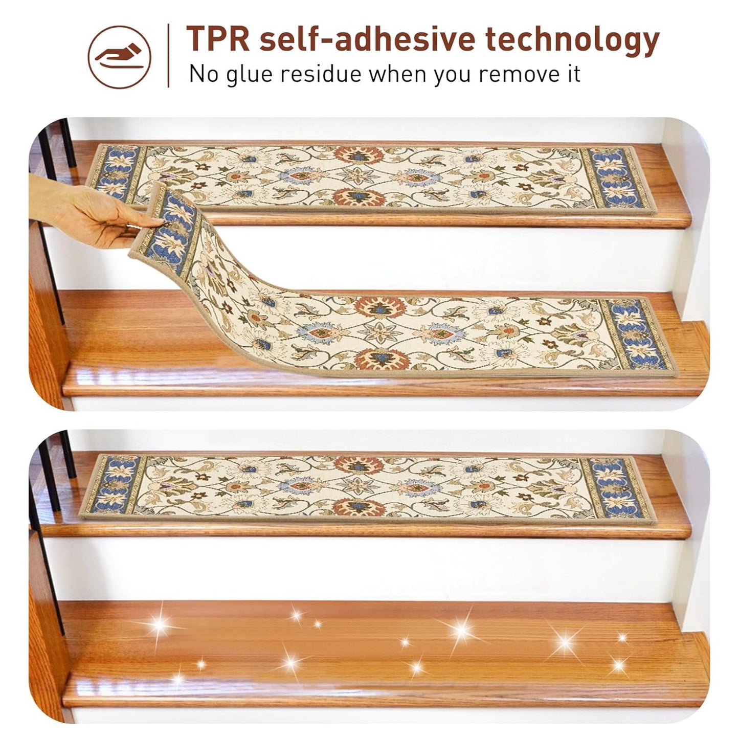 Stair Treads for Wooden Steps Indoor, 15 Pack 8" X 30" Non Slip Carpet Stair Treads with Reusable Adhesive for Kids Elders and Dogs, TPR Backing Stair Rugs Oriental Staircase Step Treads,Bohemia