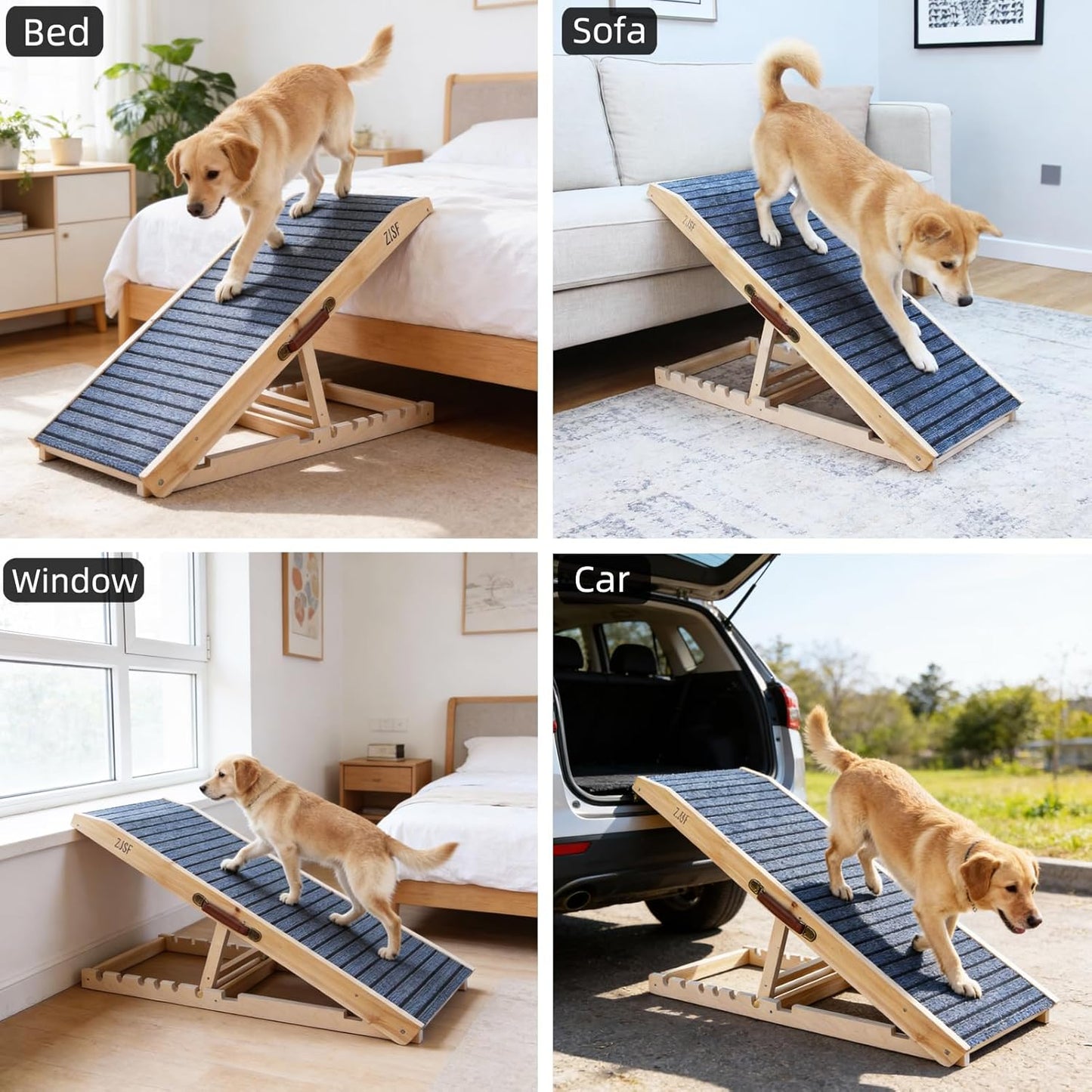 ZJSF Foldable Wooden Dog Ramp for High Bed, Dog Stairs for Small Dogs, High Traction Platform with 4 Adjustable Heights (14"-19.7"), 33", Supports up to 70 lbs