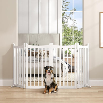 Yaheetech 36" H Extra Tall Freestanding Pet Gate 4-Panel Wooden Dog Fence with 2 Support Feet Folding Dog Gate for Indoor, Stairs, Doorways, Halls, Kitchen Wooden Pet Barrier White, 79.5" L x 36" H