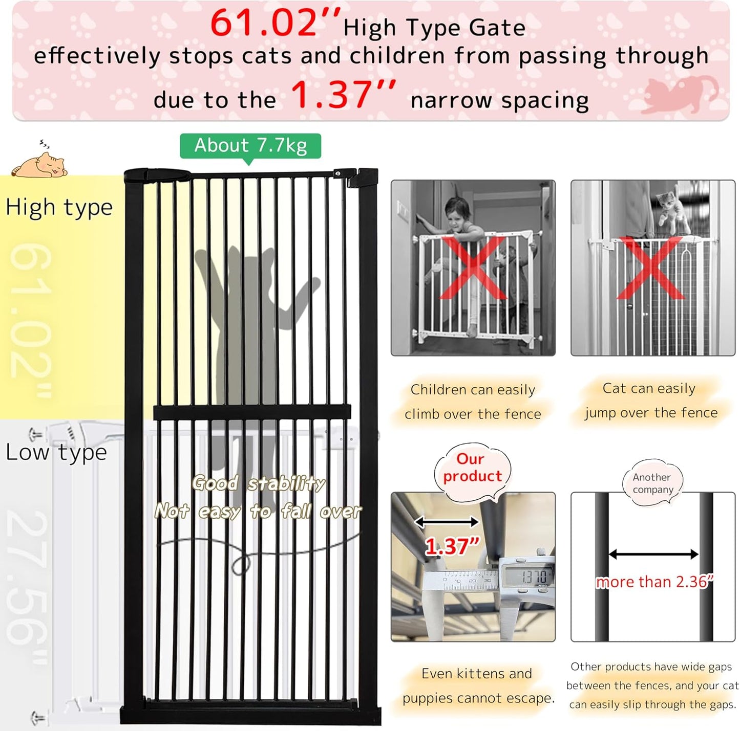 Lumizone Extra Tall Cat Gate 61.02" High Pressure Mounted Extra Wide 30.12"-34.05" (17Sizes) 1.37" Gap No Drilling Auto-Close Tall Pet Gate for Dogs (Black, 30.12"-34.05" W)