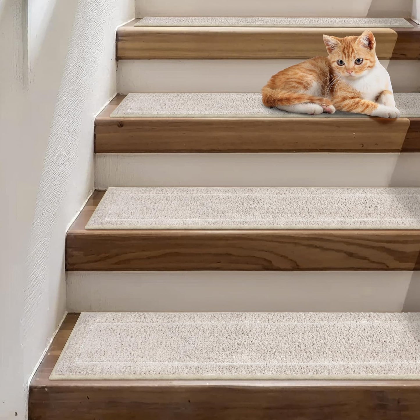 sarben Non Slip Stair Treads for Wooden Steps 15PCS - 8"x30" Indoor Safety Carpet, Edging Mats with TPE Adhesive Backing, Pet and Elderly Friendly Stair Rugs (Taupe) - Colors A
