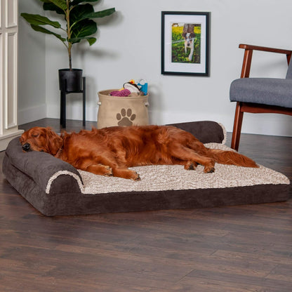 Furhaven Memory Foam Dog Bed for Large Dogs w/ Removable Bolsters & Washable Cover, For Dogs Up to 95 lbs - Two-Tone Plush Faux Fur & Suede L Shaped Chaise - Espresso, Jumbo/XL