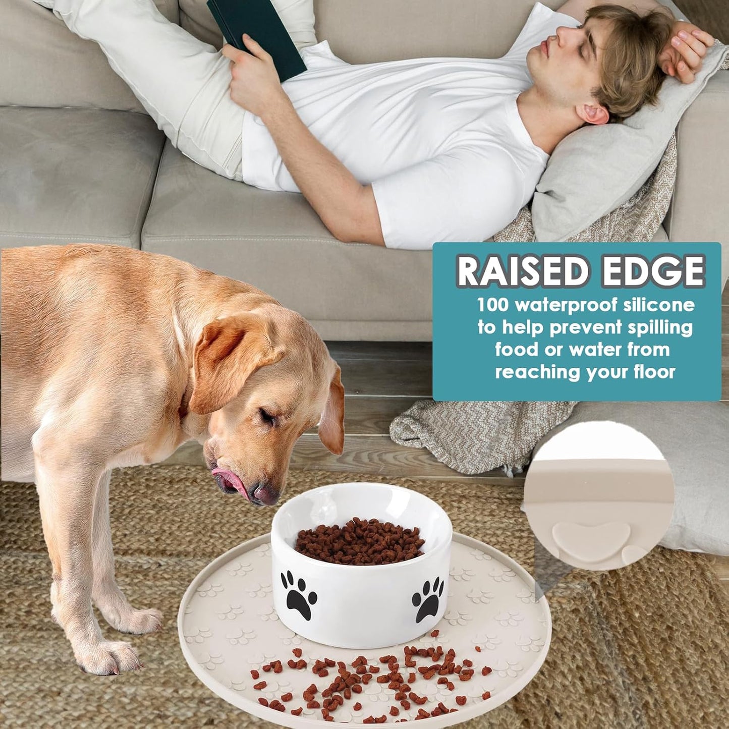Pet Feeding Mat, Waterproof, Raised Edges to Prevent Spills, Easy Clean in Dishwasher, Dogs and Cats Placemat Tray to Stop Food and Water Bowl Messes on Floor(1Pack Beige)