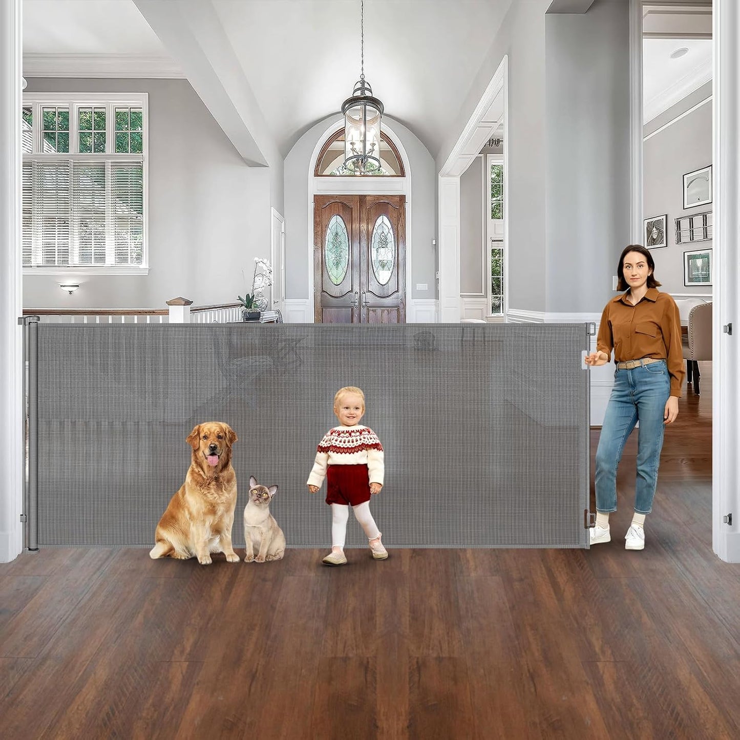 48" Extra Tall Retractable Dog Gate Indoor Prevent Your Baby/Dog/Cat from Jumping Over 55" Wide Extra Tall Retractable Baby Gate for Doorway Mesh Gates for Kids or Pets Puppy Gates for the House, Gray