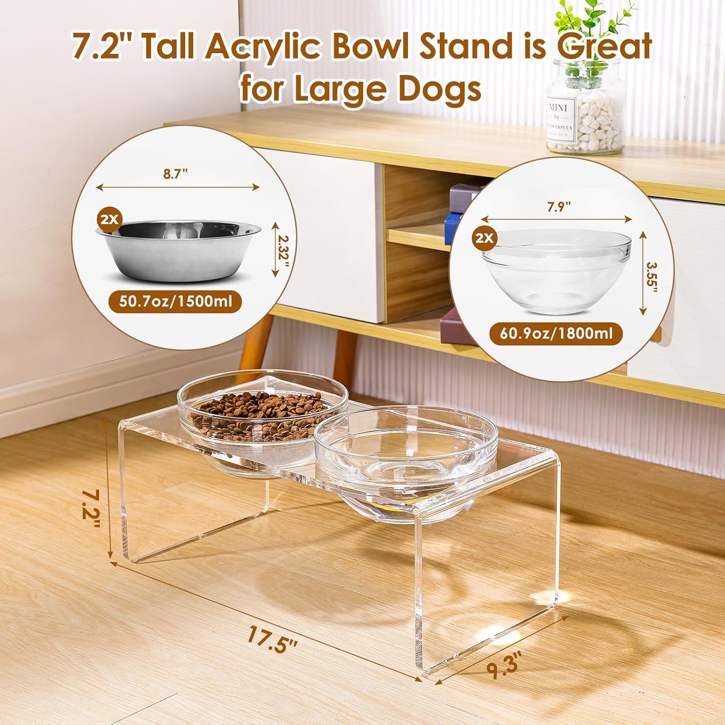 Acrylic Elevated Dog Cat Bowls Pet Feeder Double Bowl Raised Stand Comes with 4 Removable Stainless Steel Bowls. Perfect for Cats Puppies Small Dogs, 3.75 Inch