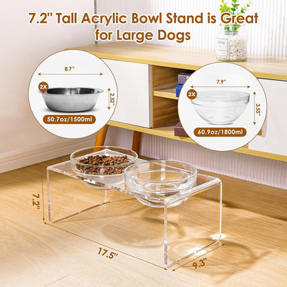 Acrylic Elevated Dog Cat Bowls Pet Feeder Double Bowl Raised Stand Comes with 4 Removable Stainless Steel Bowls. Perfect for Cats Puppies Small Dogs, 3.75 Inch