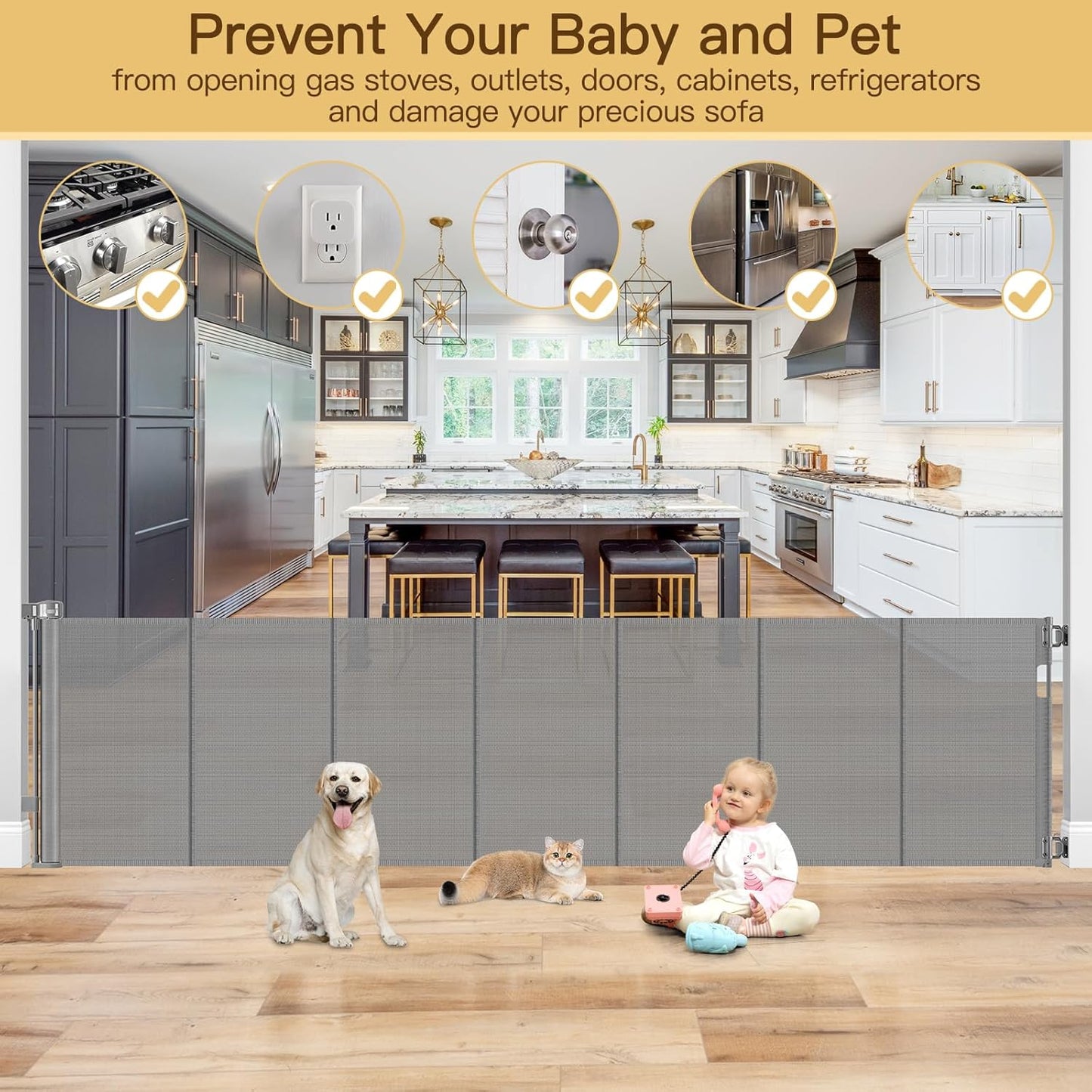 Reinforced 80 Inch Retractable Baby Gate Extra Wide Baby Gate for Wide Openings, Indoor/Outdoor Retractable Dog Gate for Doorway, Mesh Dog Gate Indoor Prevent Babies/Pets from Crawling Under, Black